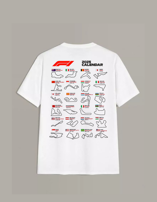 F1 2025 Race Calendar Graphic T-Shirt – Formula 1 Circuits Print Tee