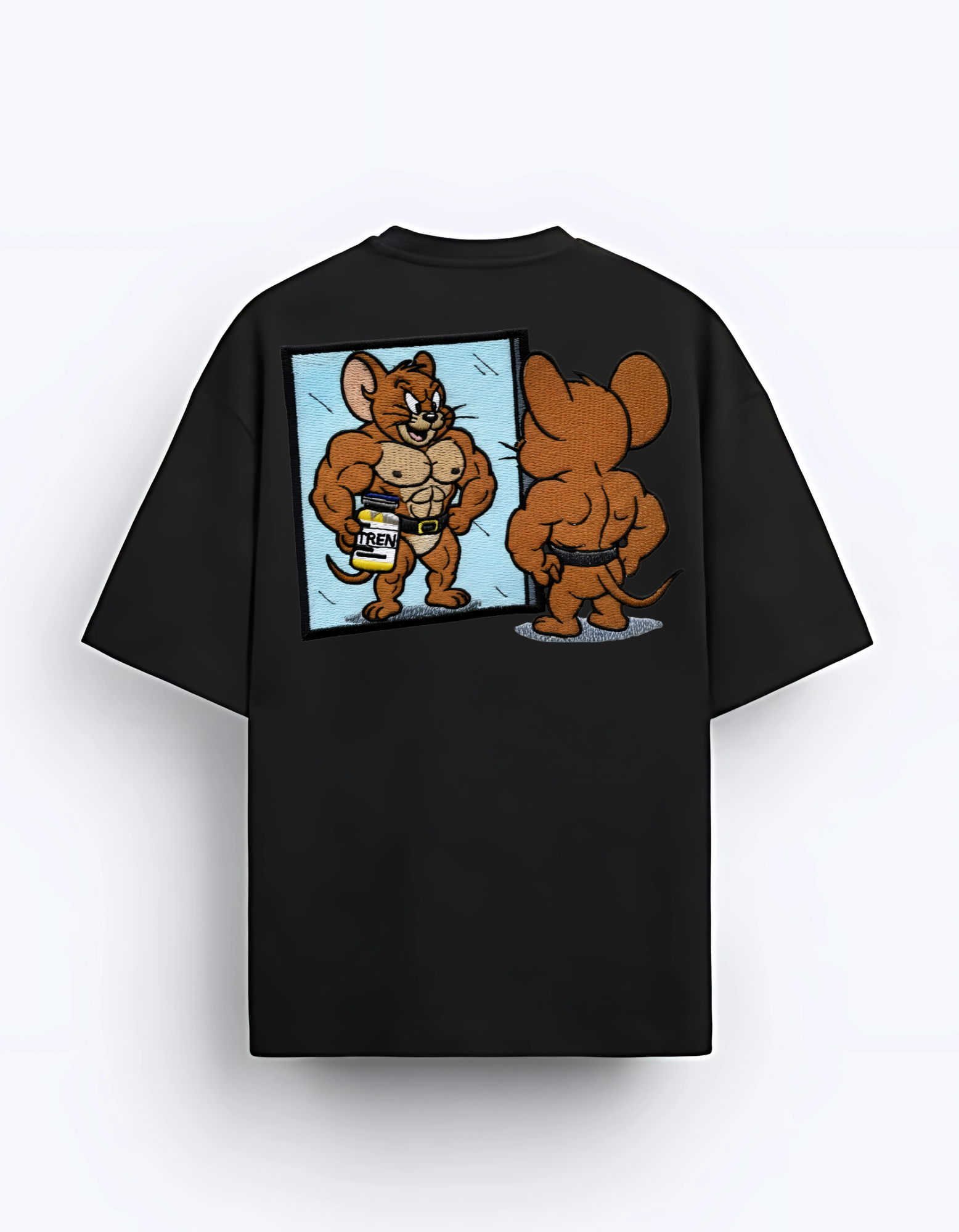 Jerry Flexing Embroidery Print T-Shirt – Cartoon Gym Style Tee Back Side Desgin