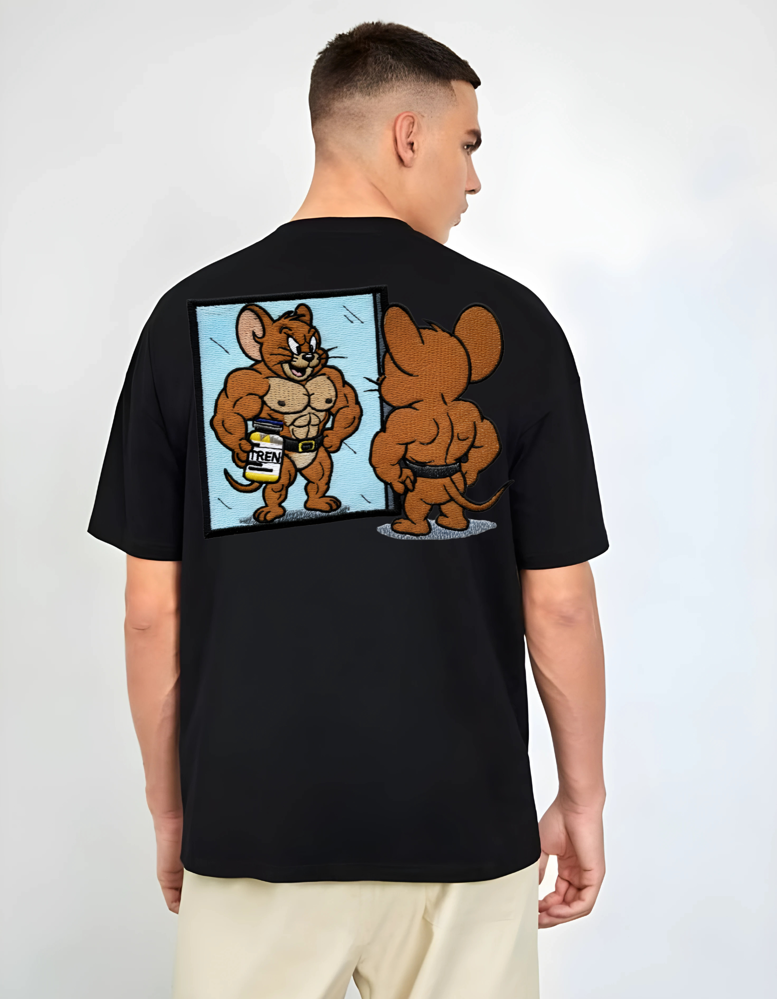 Jerry Flexing Embroidery Print T-Shirt – Cartoon Gym Style Tee Back Side Desgin