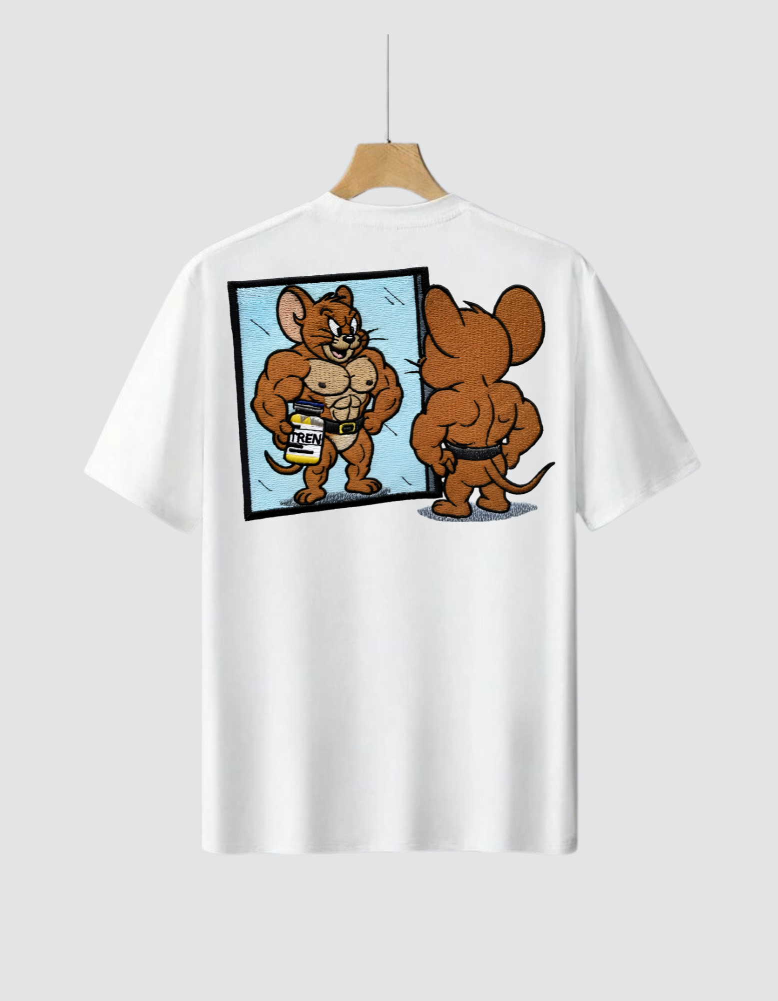 Jerry Flexing Embroidery Print T-Shirt – Cartoon Gym Style Tee Back Side Desgin