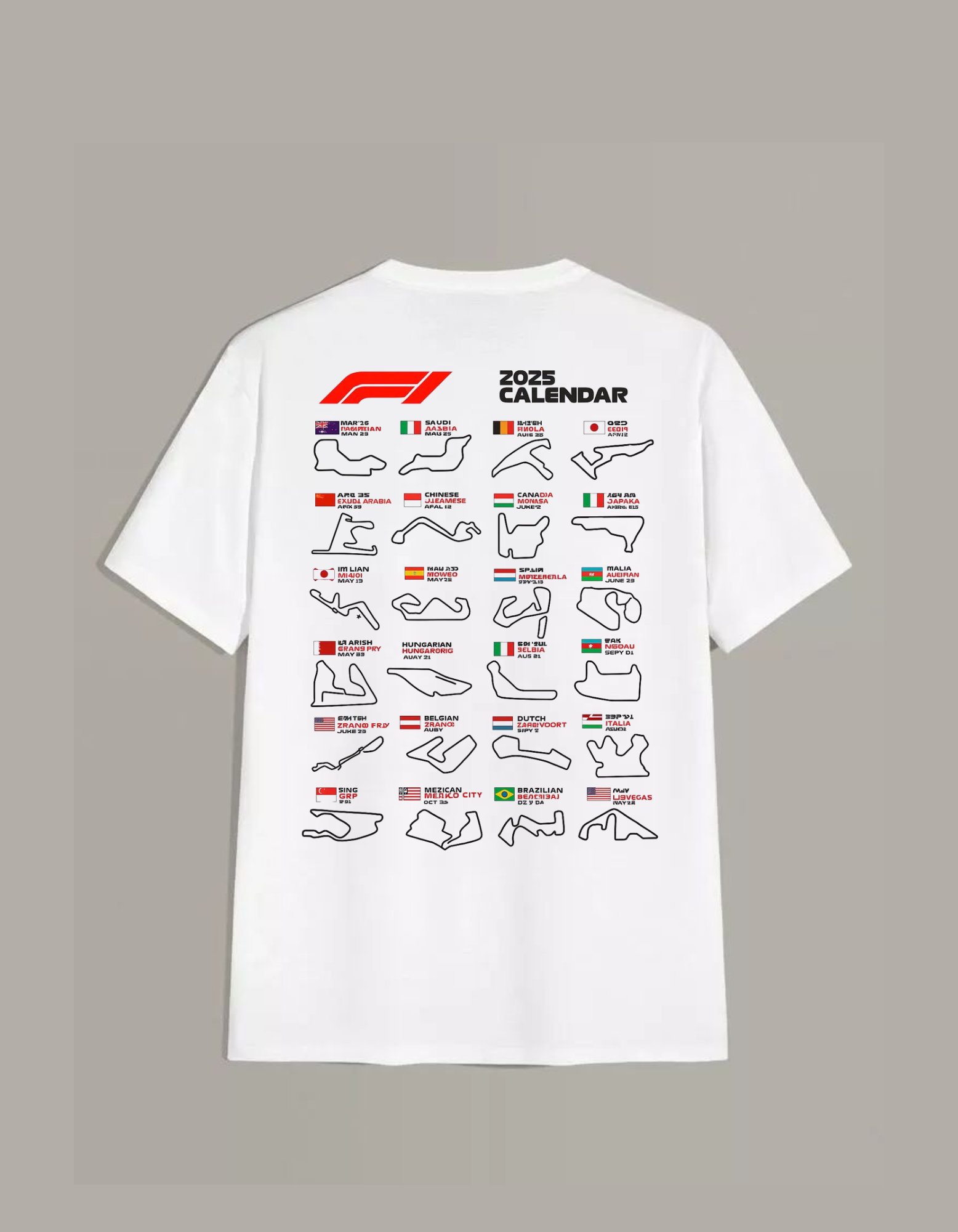 F1 2025 Race Calendar Graphic T-Shirt – Formula 1 Circuits Print Tee