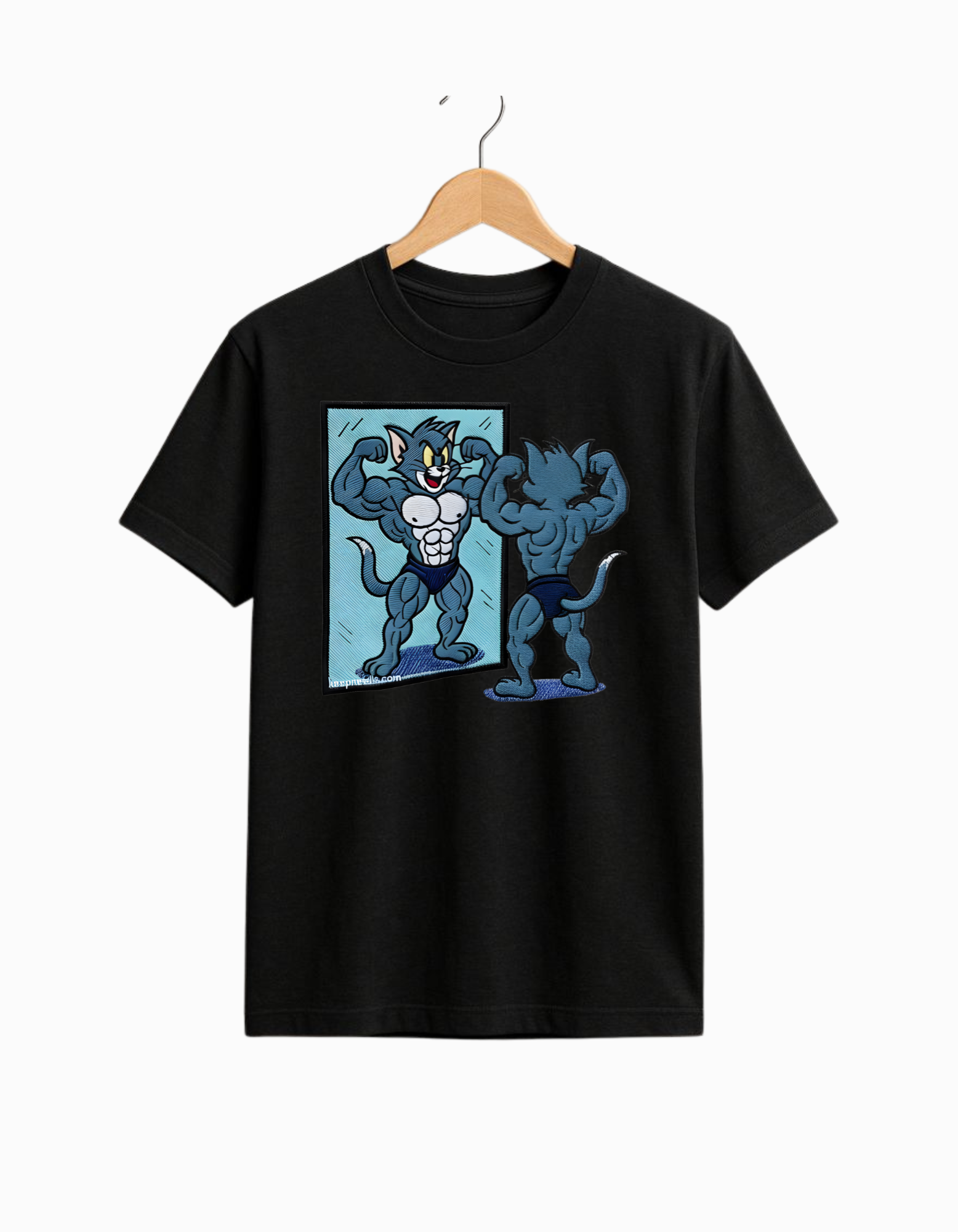 Oversized Embroidered Cartoon Gym Cat Mirror T-Shirt