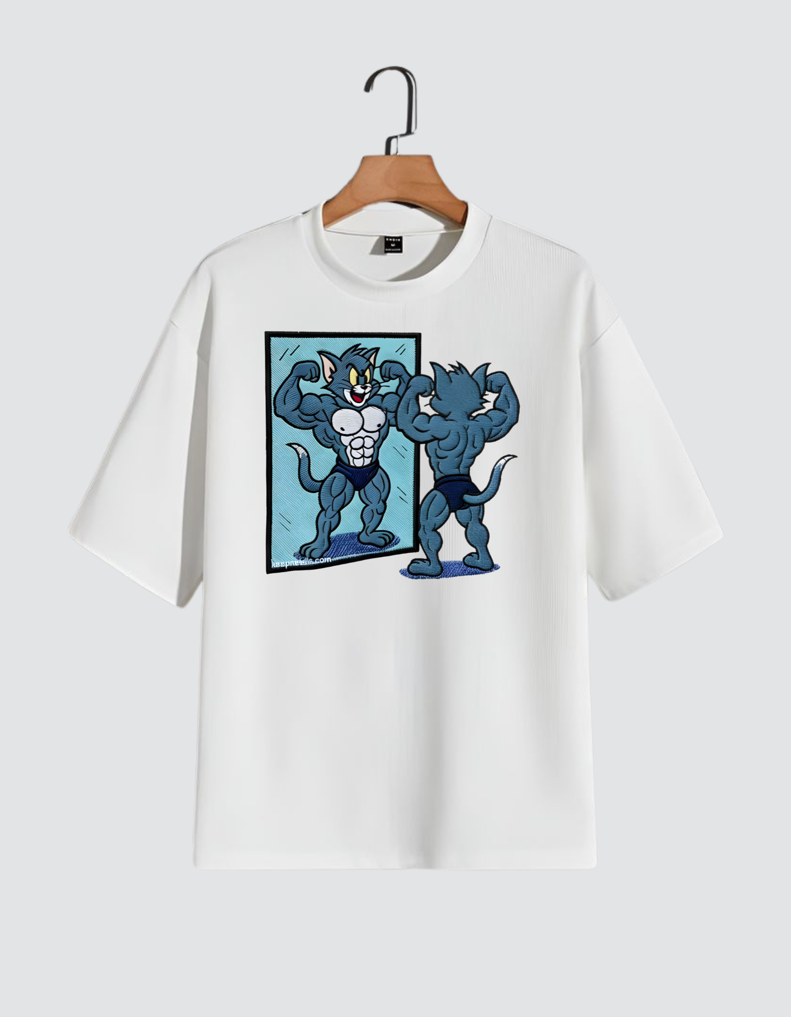 Oversized Embroidered Cartoon Gym Cat Mirror T-Shirt