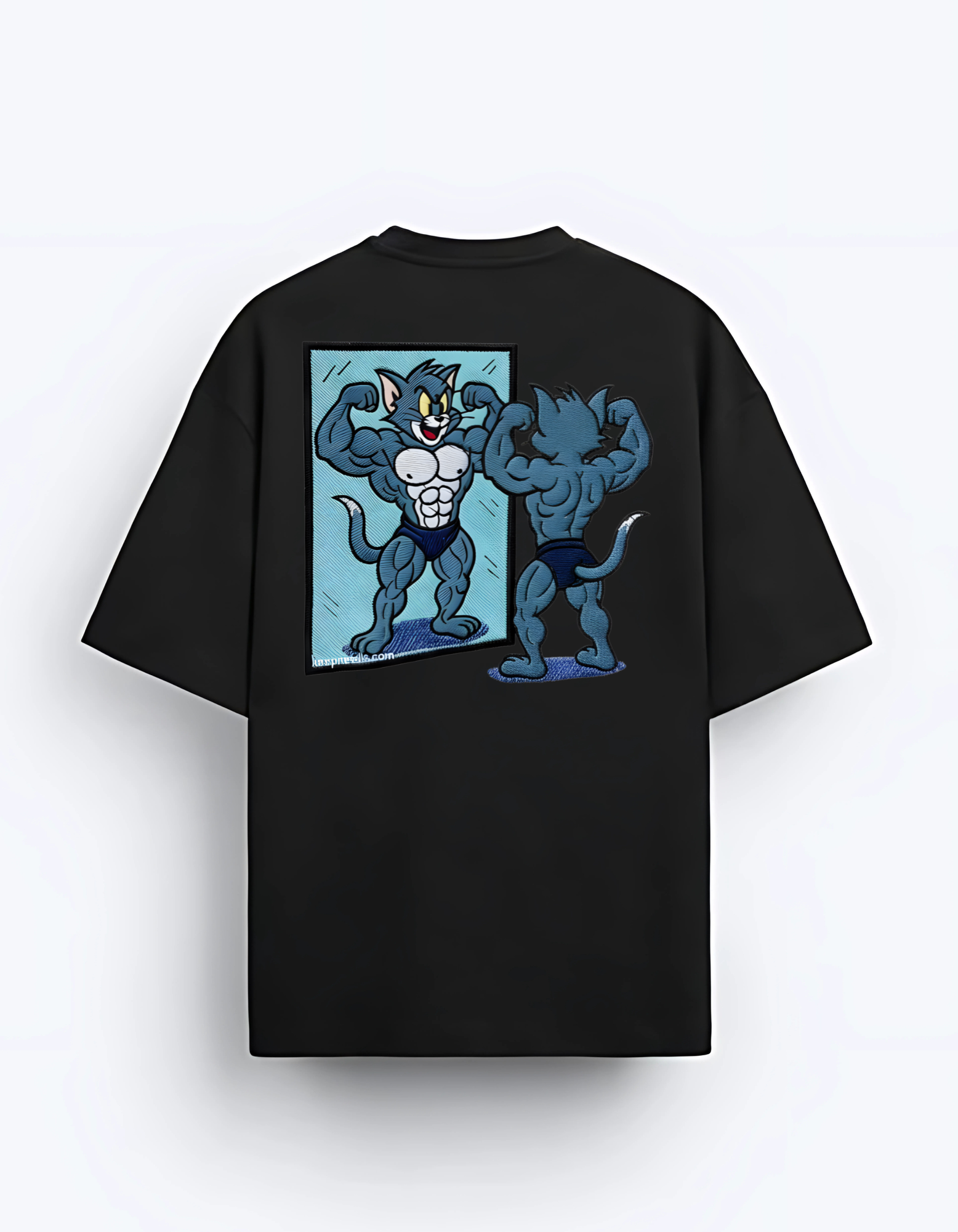 Tom  Flexing Embroidery Print T-Shirt – Cartoon Gym Style Tee Back Side Desgin