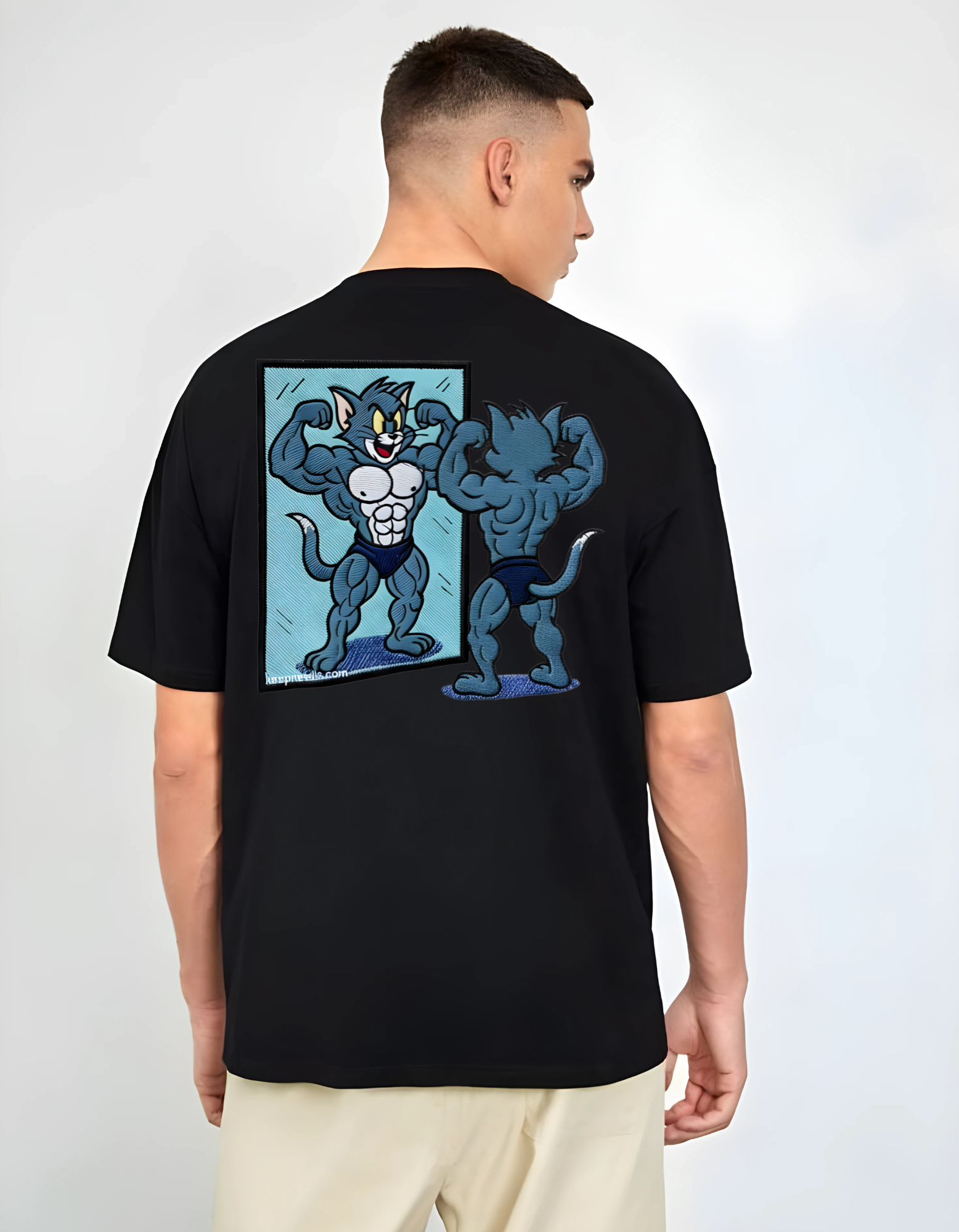 Tom  Flexing Embroidery Print T-Shirt – Cartoon Gym Style Tee Back Side Desgin