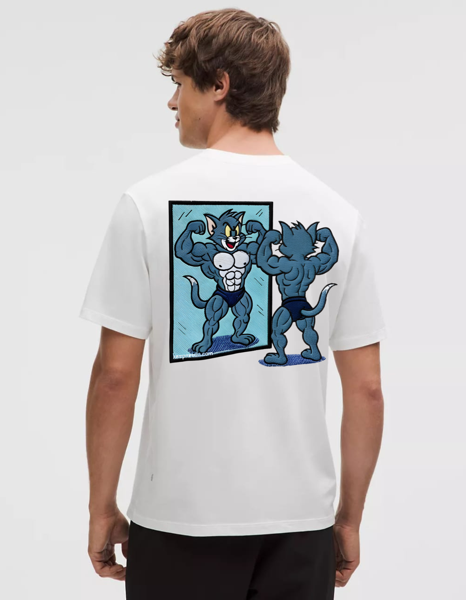 Tom  Flexing Embroidery Print T-Shirt – Cartoon Gym Style Tee Back Side Desgin