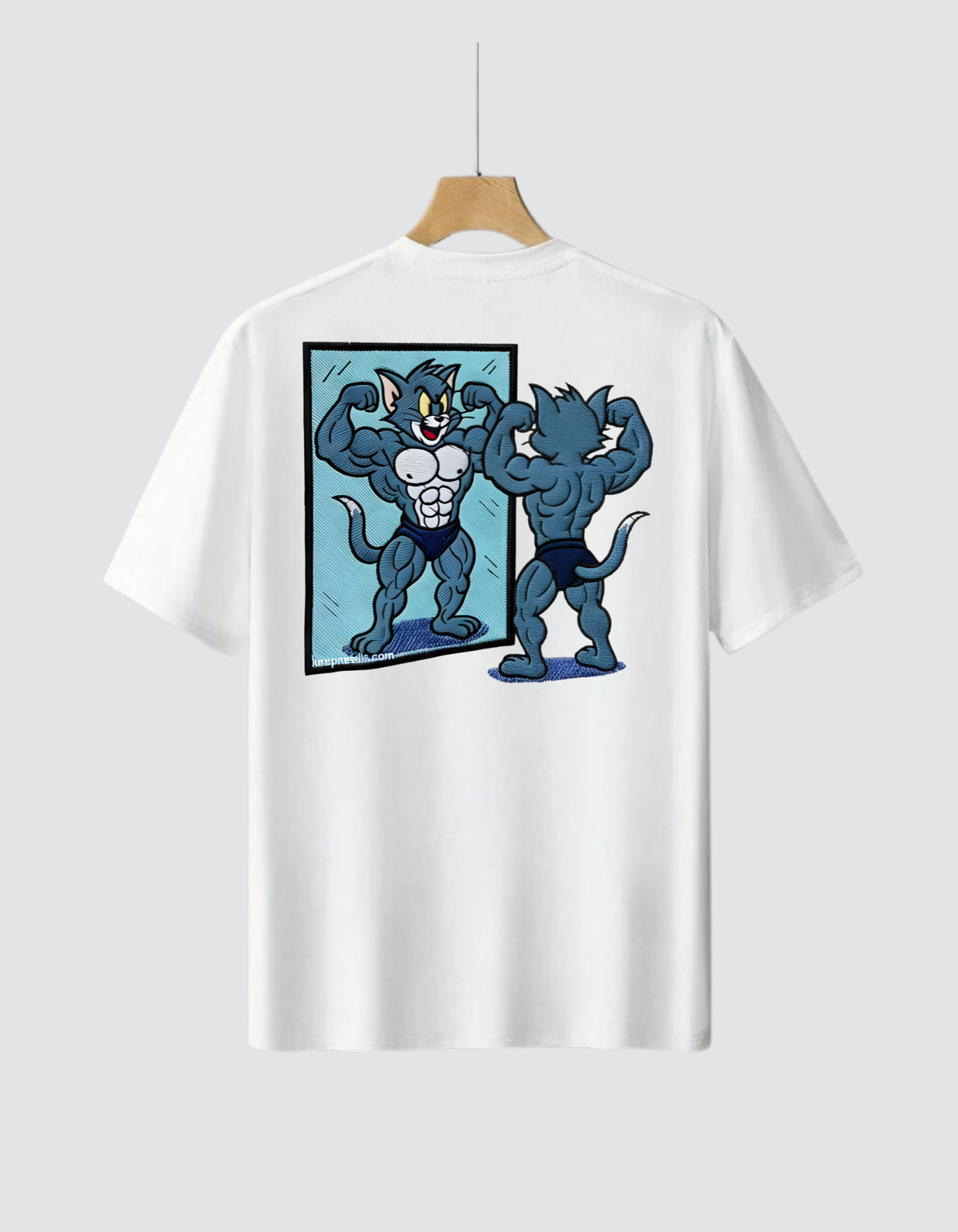 Tom  Flexing Embroidery Print T-Shirt – Cartoon Gym Style Tee Back Side Desgin