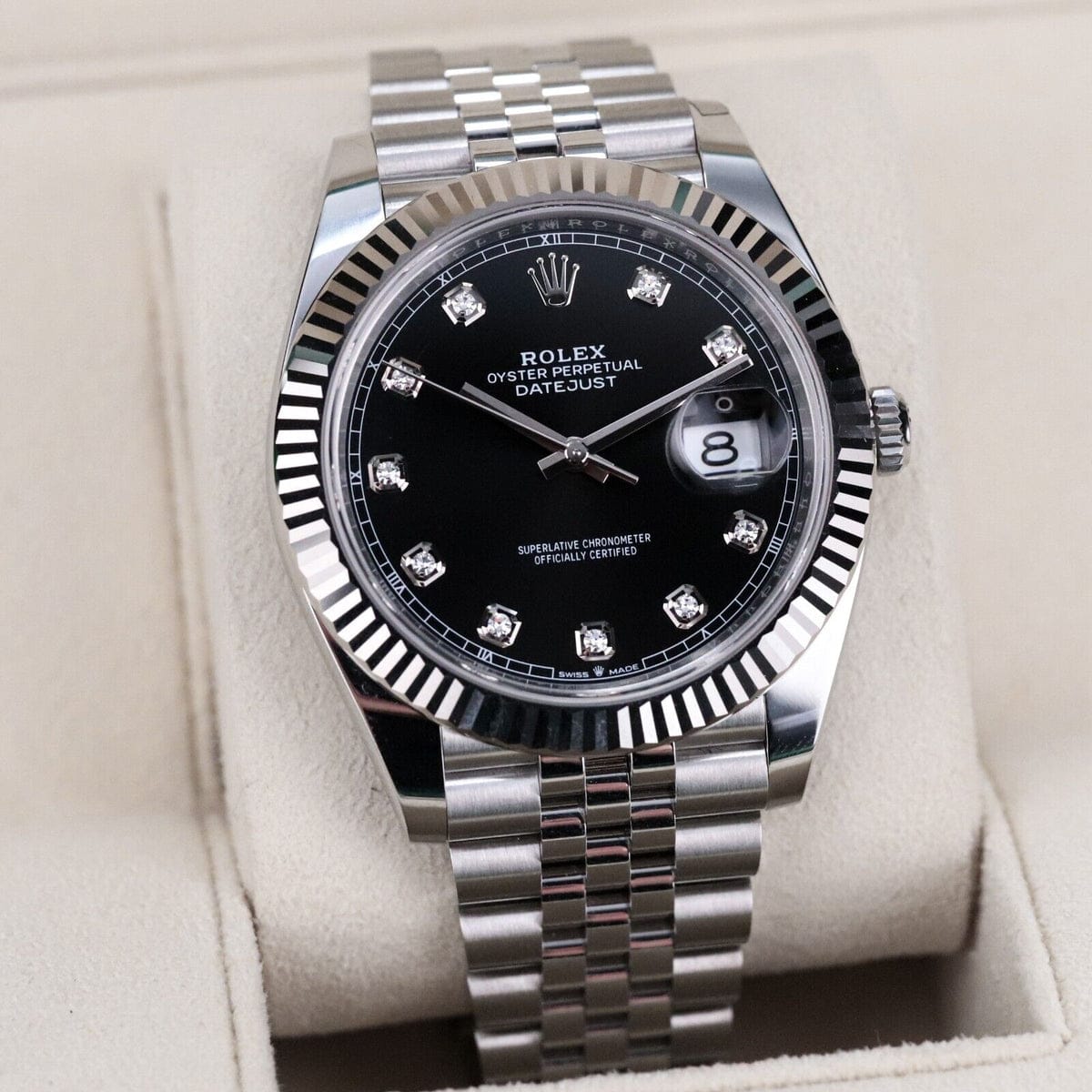 Rolex Datejust 41 Black Diamond Dial White Gold Fluted Bezel Jubilee Steel Oyster Perpetual Limited Offer