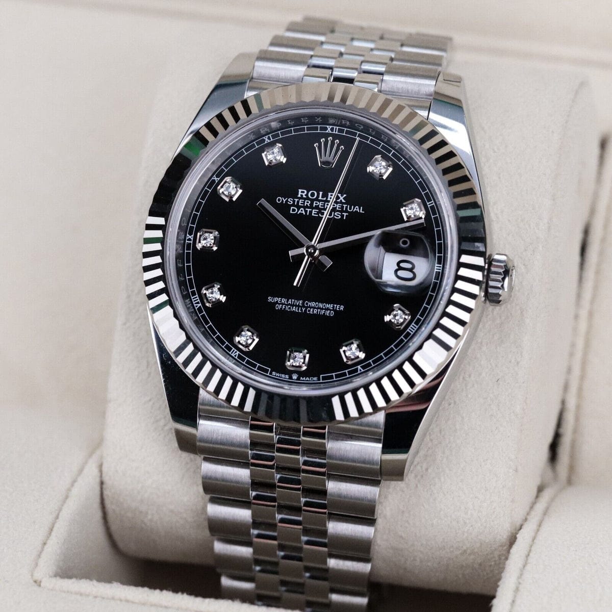 Rolex Datejust 41 Black Diamond Dial White Gold Fluted Bezel Jubilee Steel Oyster Perpetual Limited Offer